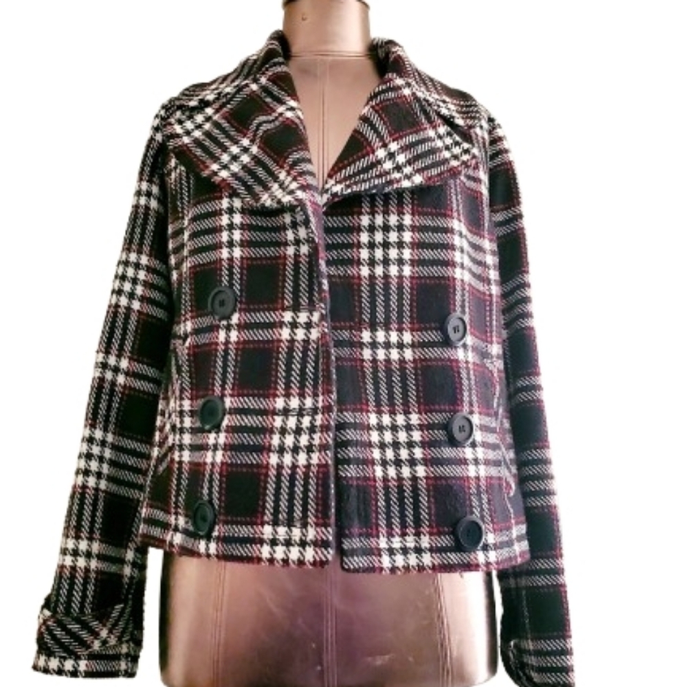 Wet Seal Black and Red Plaid Short Pea Coat